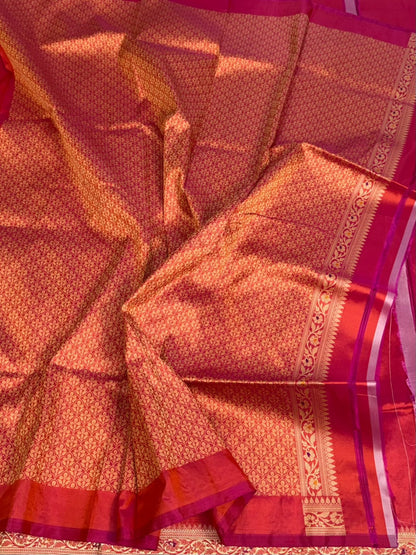 Orangish Pink Banarasi Pure Katan Silk Saree