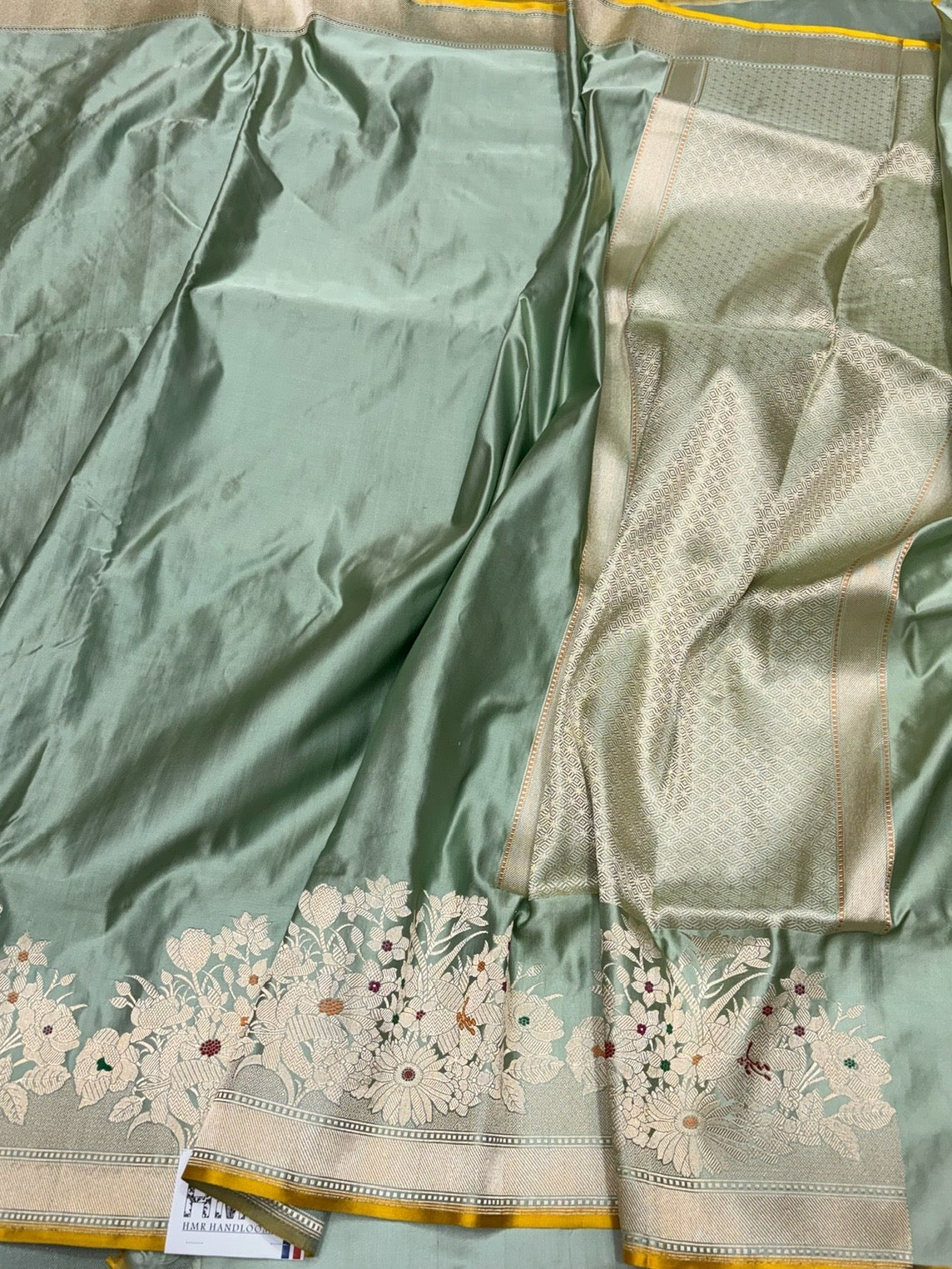 Sage Green Handwoven Pure Banarasi Satin Silk Saree – Kadwa Weave | 100% Pure Satin Silk | Authentic Banaras Handloom