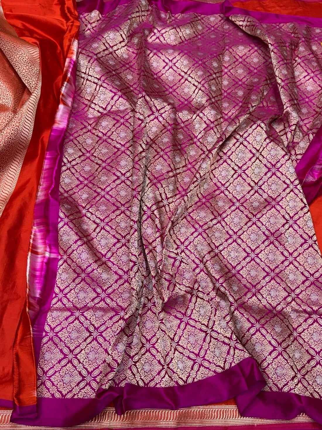 Orange Handwoven Pure Banarasi Mashru Satin Silk Saree – Kadwa Weave in 100% Satin Silk