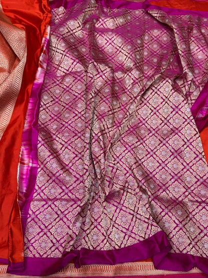 Orange Handwoven Pure Banarasi Mashru Satin Silk Saree – Kadwa Weave in 100% Satin Silk