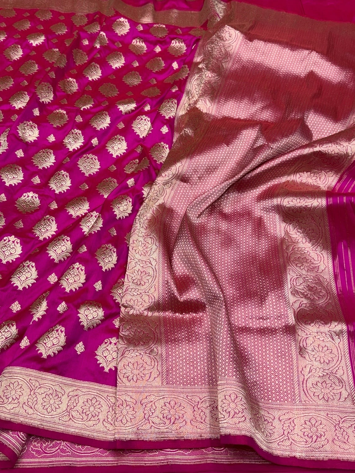 Rani Pink Handwoven Pure Banarasi Silk Saree – Kadwa Weave in 100% Katan Silk
