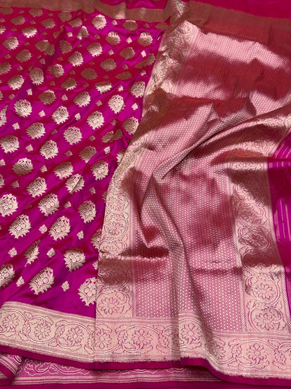 Rani Pink Handwoven Pure Banarasi Silk Saree – Kadwa Weave in 100% Katan Silk