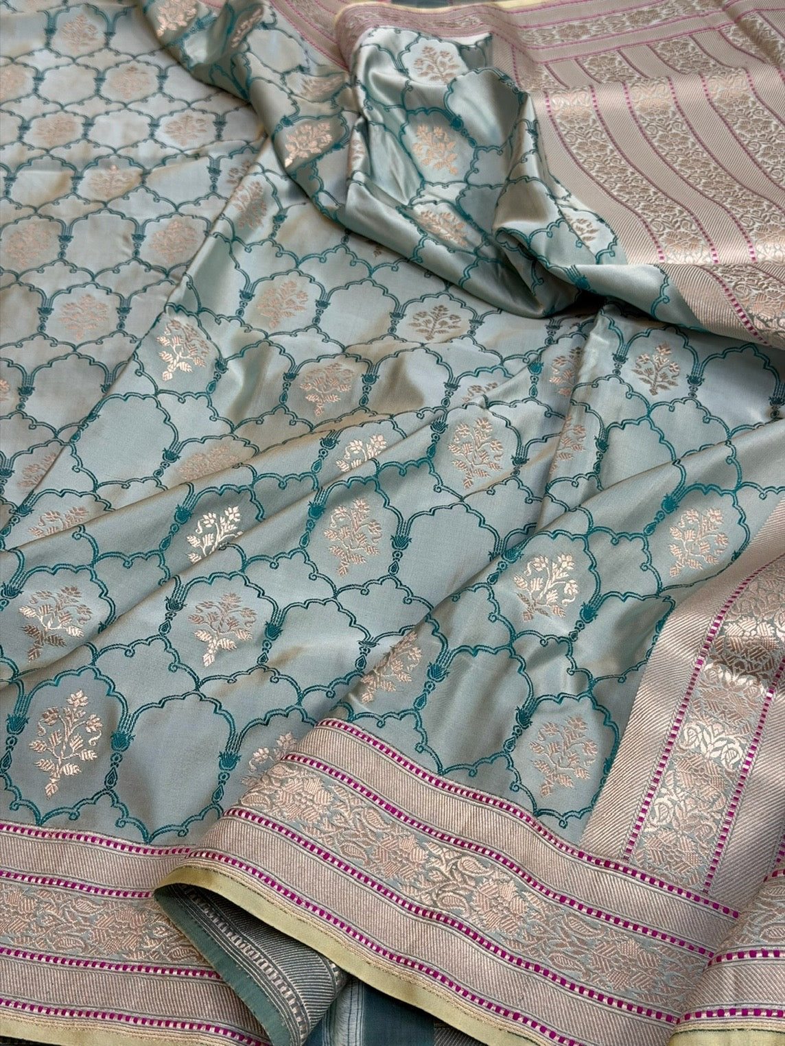 Ice Blue Handwoven Pure Banarasi Satin Silk Saree