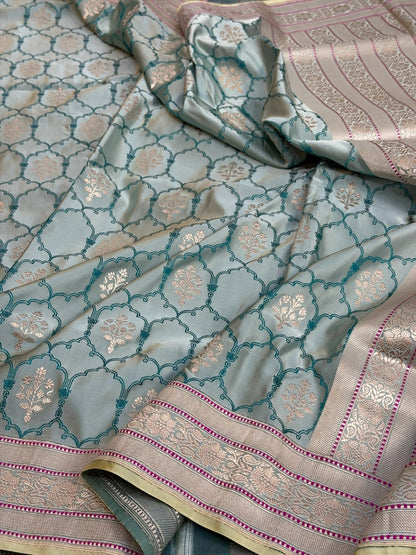 Ice Blue Handwoven Pure Banarasi Satin Silk Saree