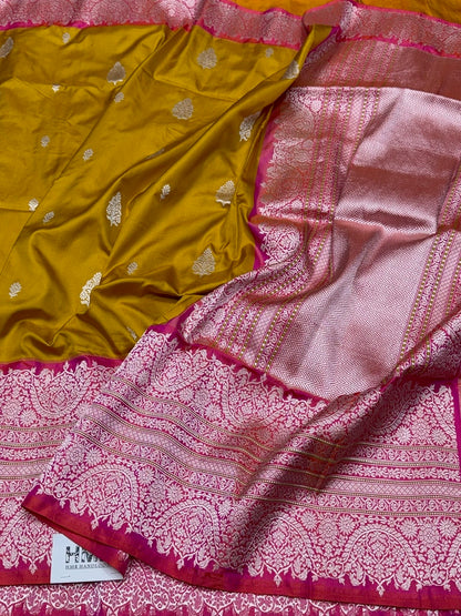Mustard Yellow /Rani Pink Handwoven Pure Banarasi Ektara Silk Saree