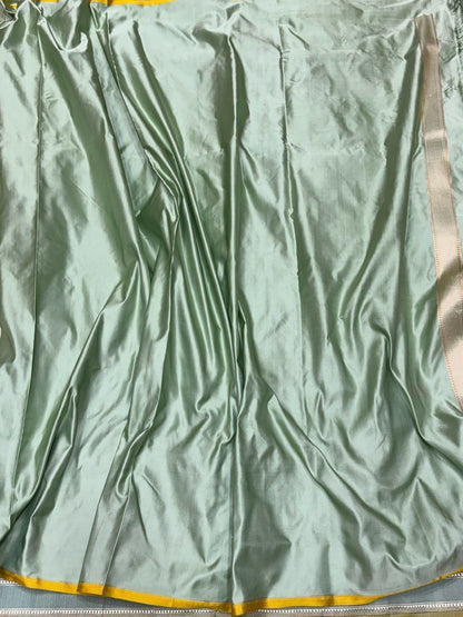 Sage Green Handwoven Pure Banarasi Satin Silk Saree – Kadwa Weave | 100% Pure Satin Silk | Authentic Banaras Handloom