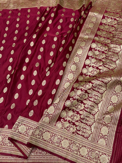 Maroon Handwoven Vintage Pure Banarasi Satin Silk Saree