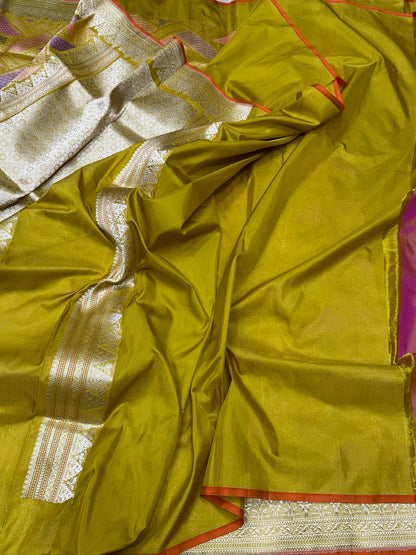 Mustard Yellow Handwoven Pure Banarasi Kimkhab Silk Brocade Saree – Luxury Banarasi Brocade