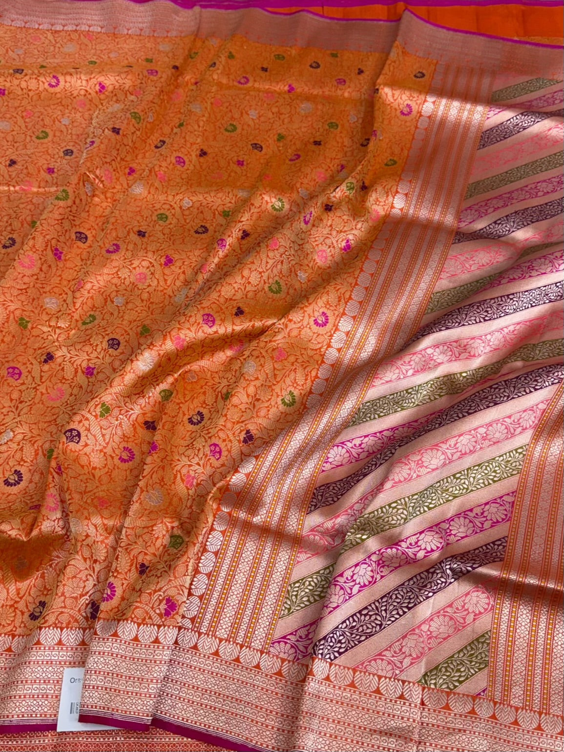 Orange Handwoven Kimkhab Pure Banarasi Silk Brocade Saree