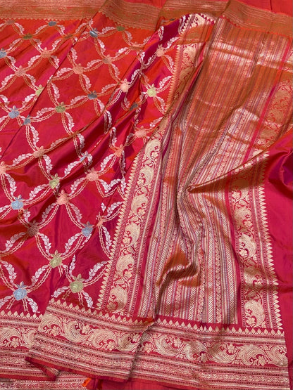 Orangish Pink Handwoven Pure Banarasi Silk Saree – Kadwa Weave in 100% Katan Mulberry Silk