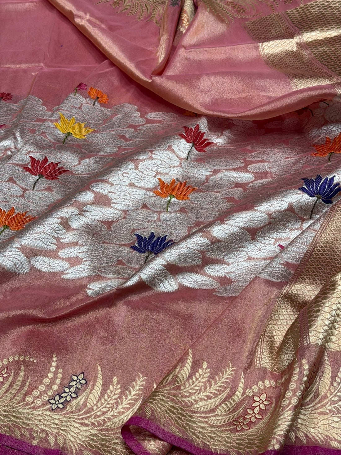 Dusty Rose Pink Handwoven Pure Banarasi Tissue Silk Saree – Kadwa Lotus Motif | Authentic Katan Tissue Handloom