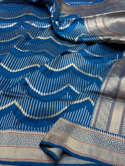 German Blue Handwoven Pure Banarasi Silk Saree in Kadwa Weave | Authentic Katan Mulberry Silk