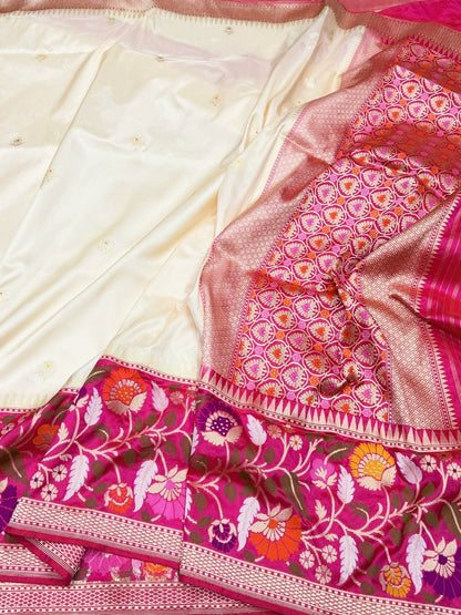 Ivory &amp; Red Handwoven Pure Banarasi Silk Saree – Kadwa Weave in 100% Katan Mulberry Silk