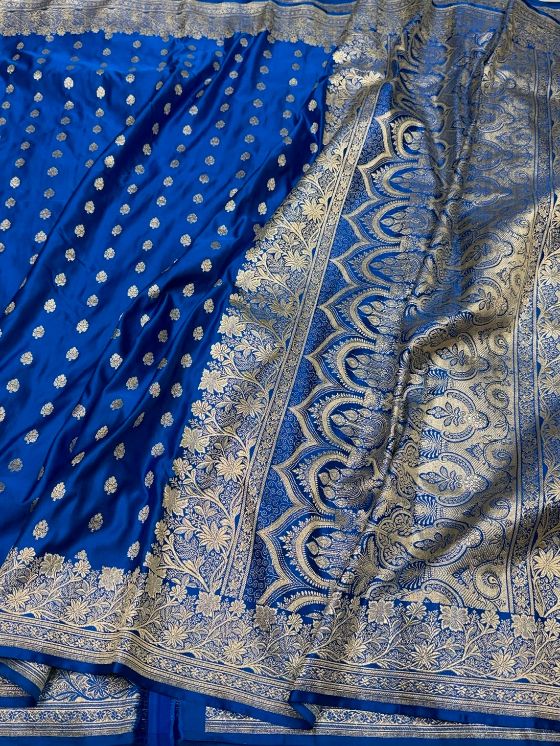 Royal Blue Vintage Banarasi Pure Satin Silk Brocade Saree – Luxury Cutwork Wedding &amp; Festive Saree