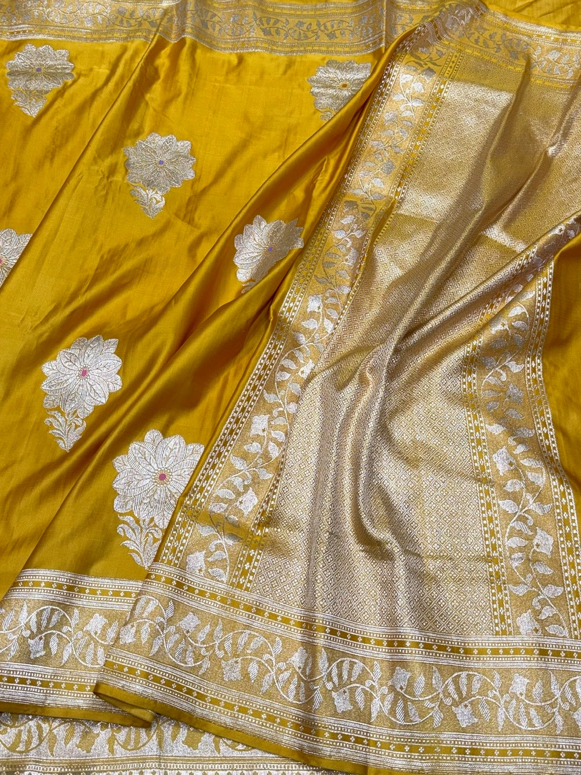 Yellow Handwoven Vintage Pure Banarasi Satin Silk Saree
