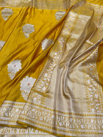 Yellow Handwoven Vintage Pure Banarasi Satin Silk Saree