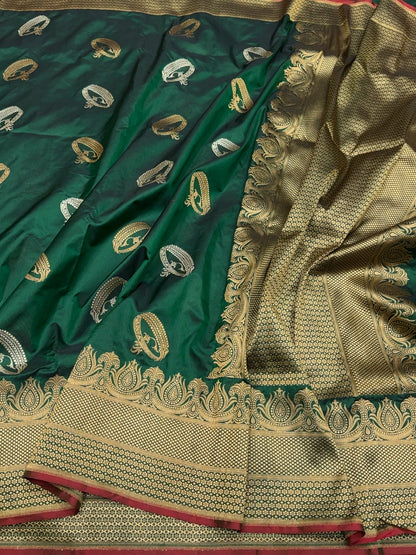 Bottle Green Handwoven Pure Banarasi Silk Saree – Kadwa Katan Mulberry Silk | Authentic Banaras Handloom