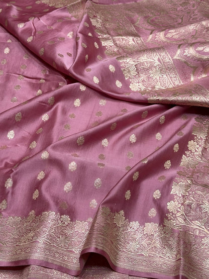 Baby Pink Handwoven Vintage Pure Banarasi Satin Silk Saree