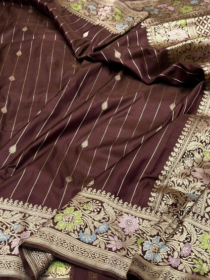 Chocolate Brown Handwoven Pure Banarasi Silk Saree – Katan Silk with Kadwa Weave &amp; Skirt Pattern Design