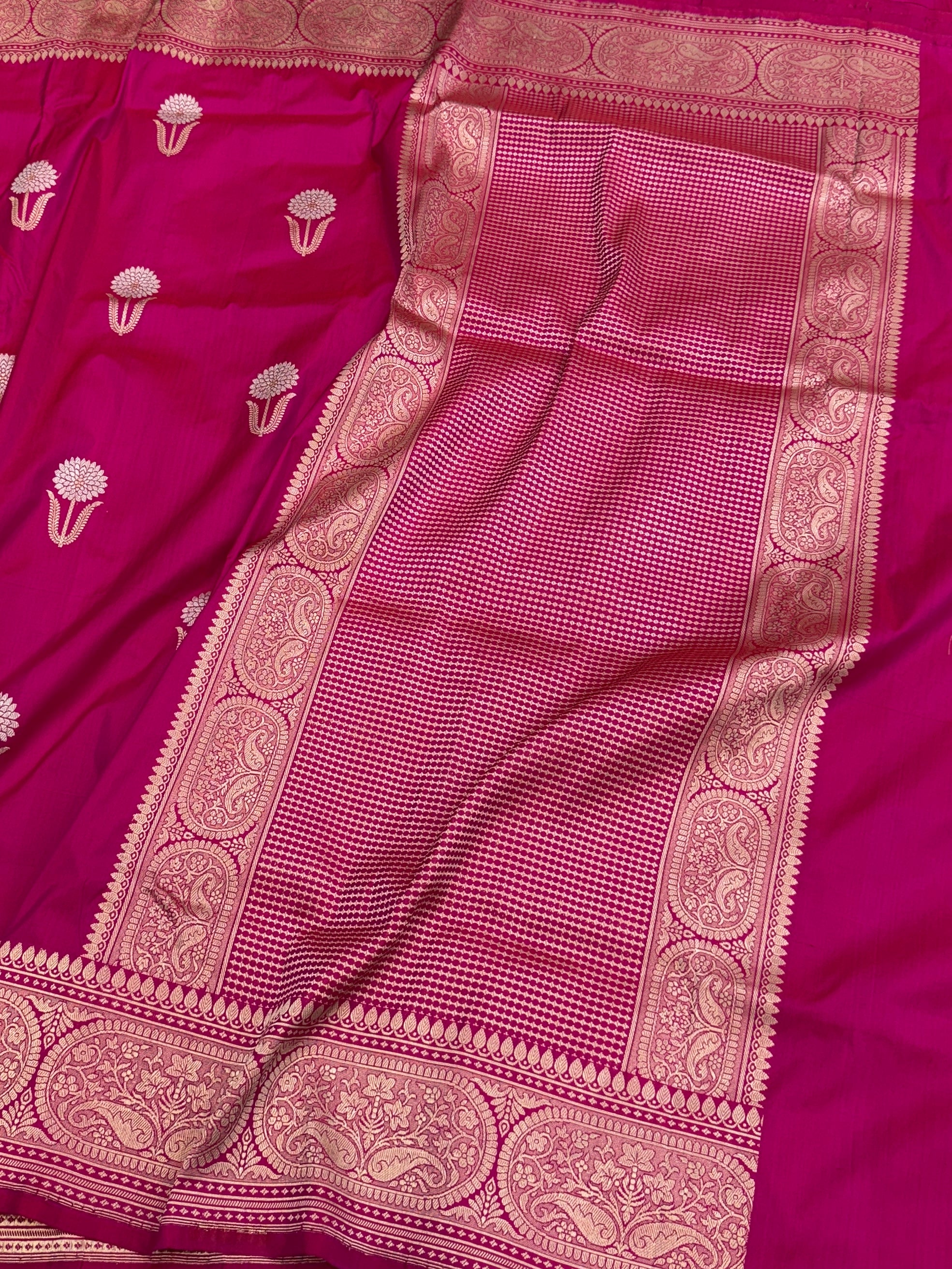 Rani Pink Handwoven Pure Banarasi Silk Saree | Pure Katan Silk | Kadwa Weave | HMR Handlooms