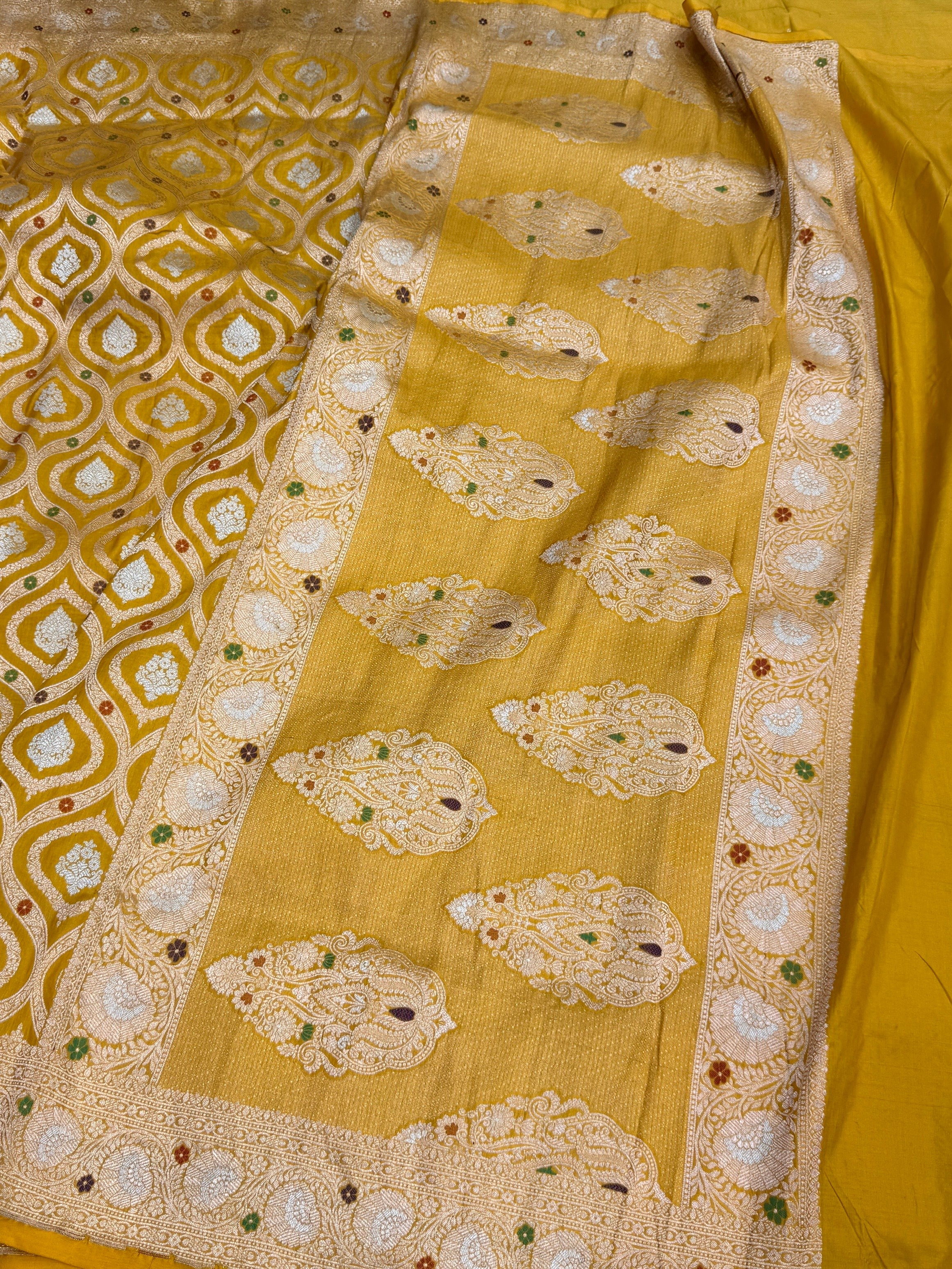 Yellow Banarasi Minakari Pure Katan Silk Saree | Pure Silk | Minakari Work | Cutwork Technique | Banarasi Katan Silk Saree
