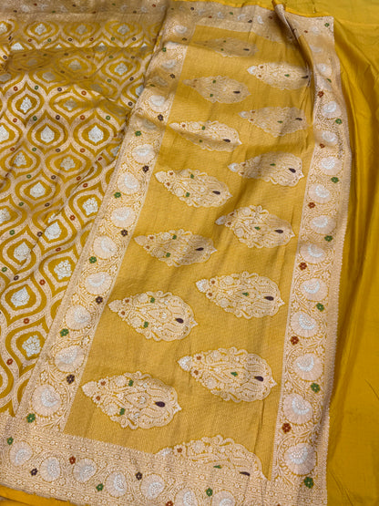 Yellow Banarasi Minakari Pure Katan Silk Saree | Pure Silk | Minakari Work | Cutwork Technique | Banarasi Katan Silk Saree