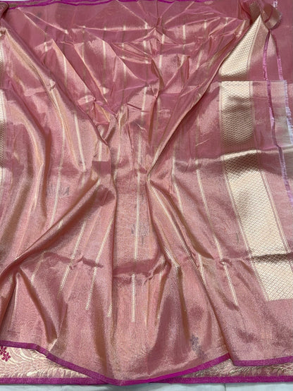 Dusty Rose Pink Handwoven Pure Banarasi Tissue Silk Saree – Kadwa Lotus Motif | Authentic Katan Tissue Handloom