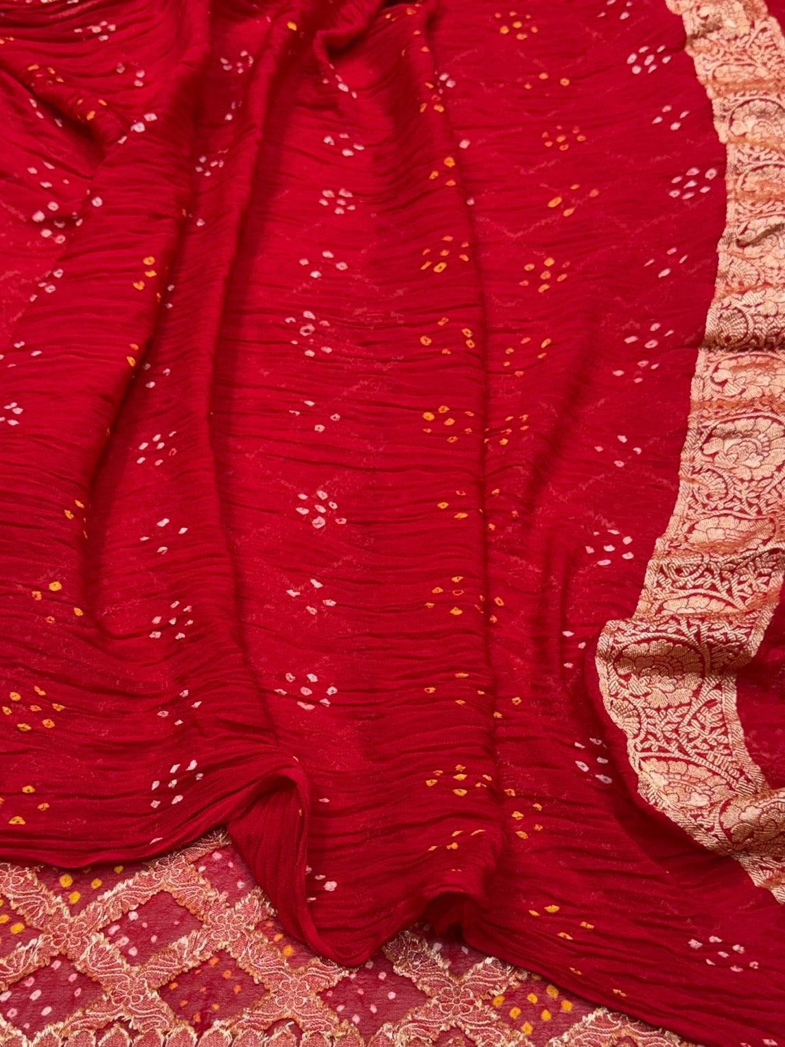 Red Banarasi Pure Bandhej Georgette Saree – Luxury Cutwork Brocade Festive Saree