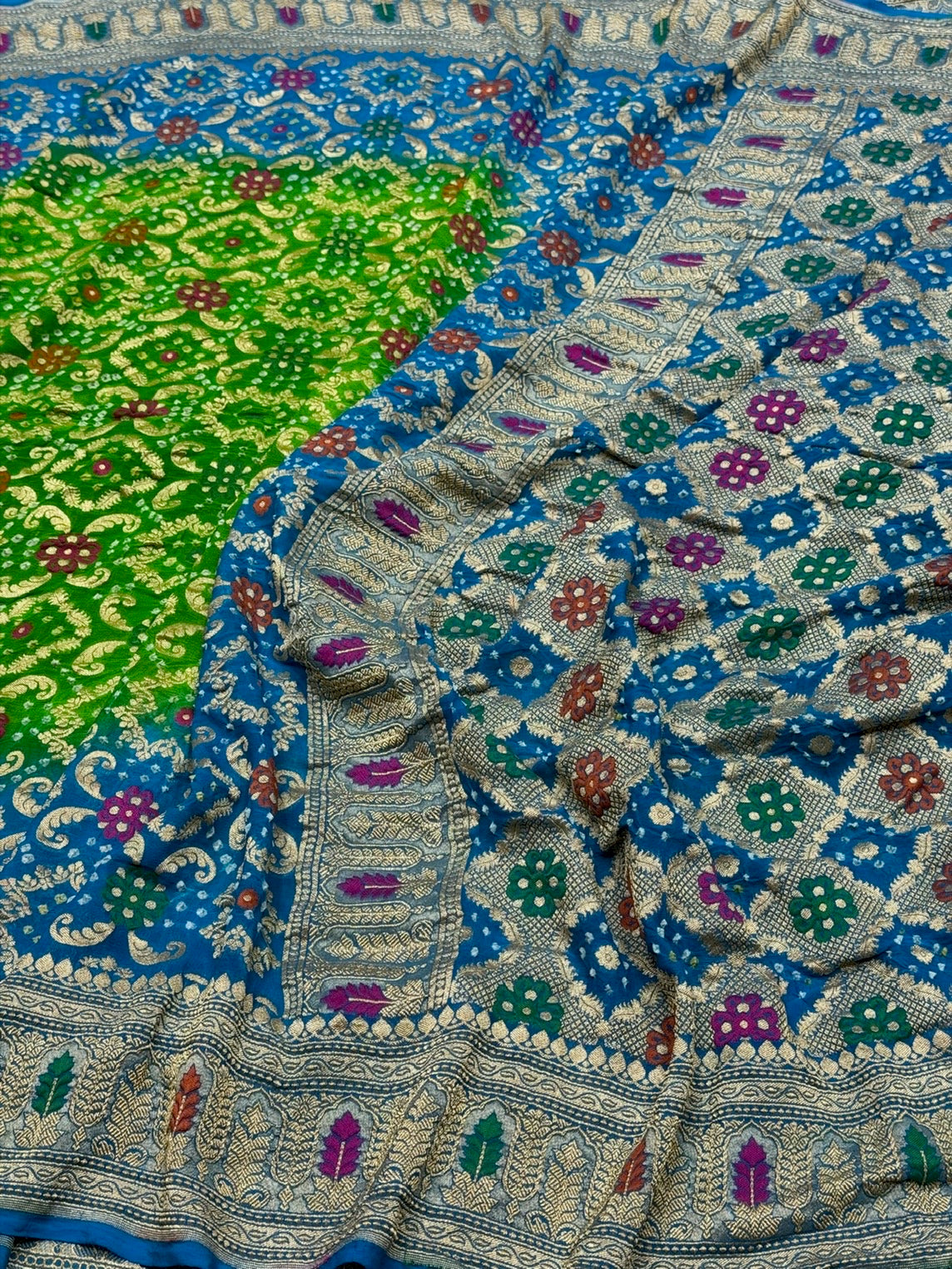 Sky Blue Banarasi Pure Bandhej Georgette Saree – Luxury Cutwork Brocade Festive Saree