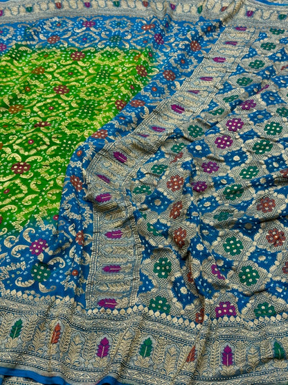 Sky Blue Banarasi Pure Bandhej Georgette Saree – Luxury Cutwork Brocade Festive Saree