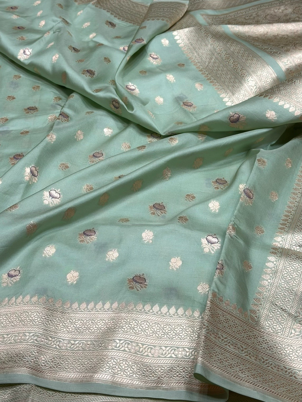 Pista Banarasi Minakari Pure Katan Silk Saree