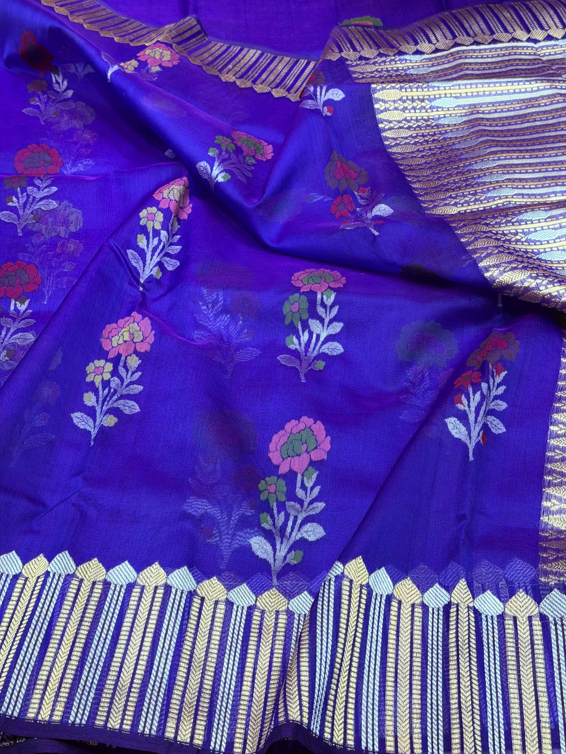 Royal Blue Handwoven Pure Organza Jamdani Saree