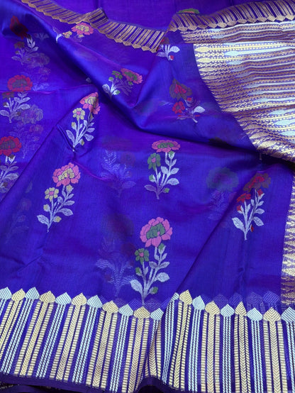 Royal Blue Handwoven Pure Organza Jamdani Saree