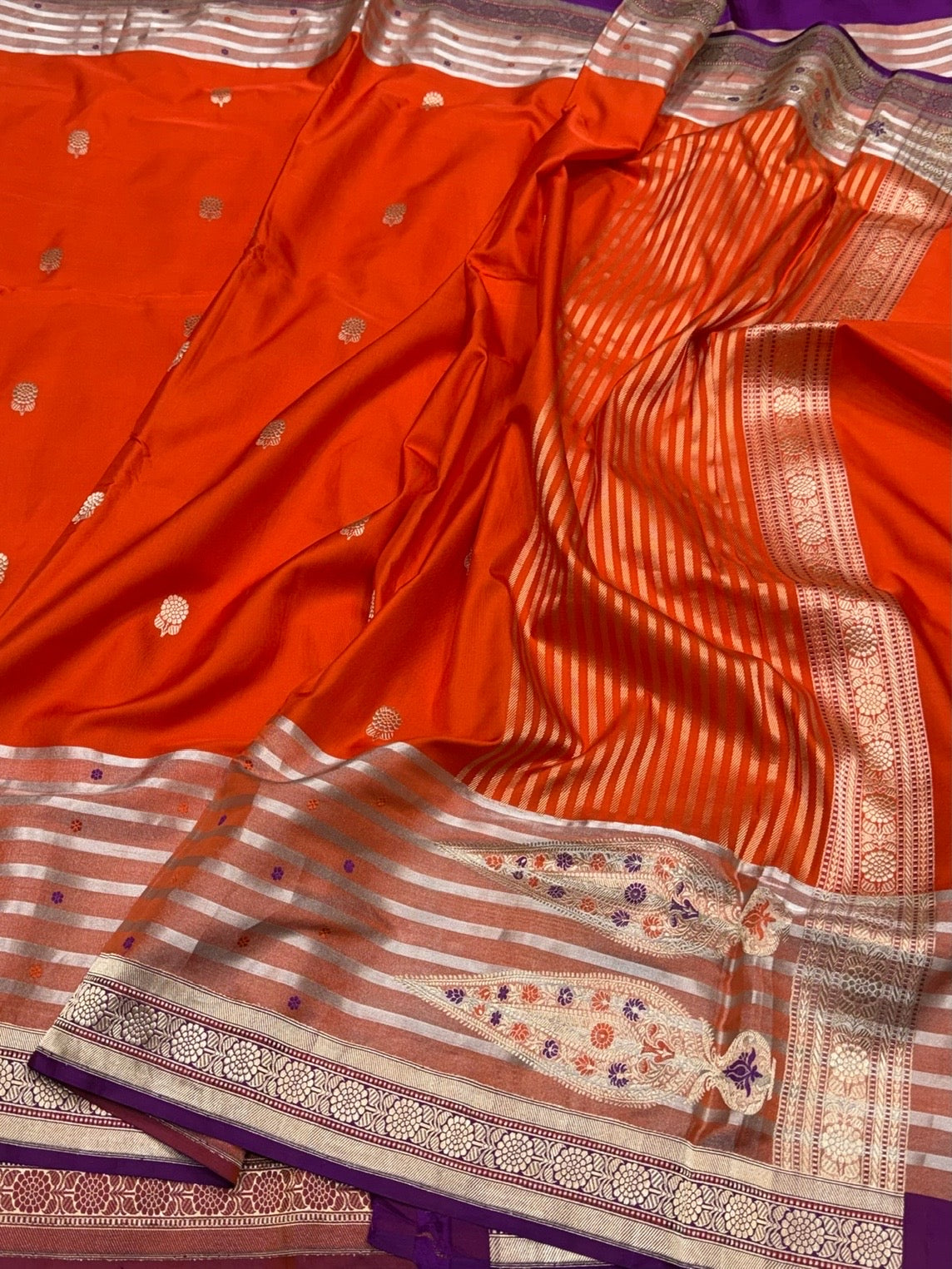 Orange Handwoven Pure Banarasi Ektara Tissue Saree | Lightweight Kadwa Katan Silk