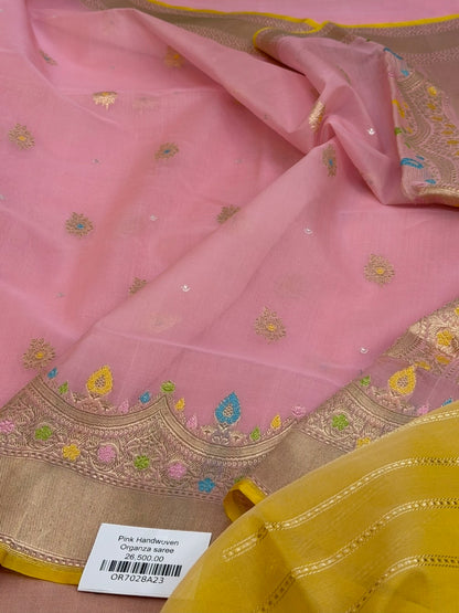 Pink Handwoven Pure Banarasi Organza Silk Saree