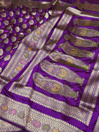 Purple Handwoven Pure Banarasi Silk Saree – Kadwa Weave in 100% Katan Mulberry Silk