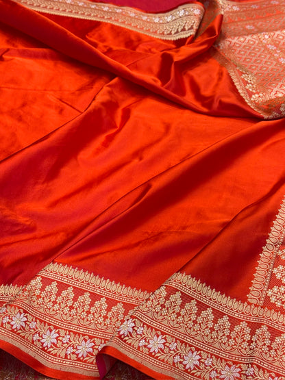 Orange Handwoven Banarasi Pure Mashru Satin Silk Saree