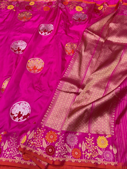 Rani Pink Handwoven Pure Banarasi Ektara Silk Saree