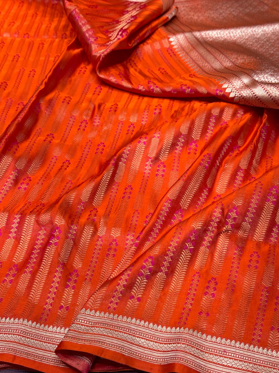 Orange Handwoven Pure Banarasi Satin Tanchoi Silk Saree