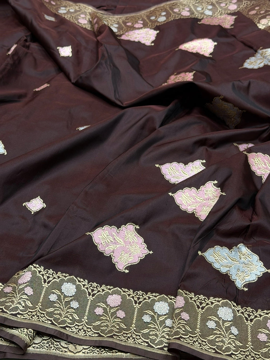 Coffee Brown Handwoven Pure Banarasi Silk Saree – Kadwa Weave, Pure Katan-Mulberry Silk