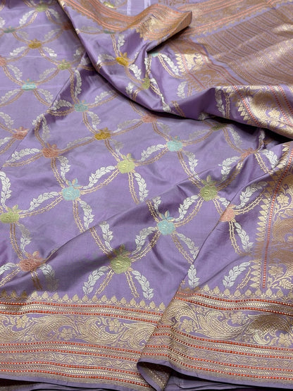 Lavender Handwoven Pure Banarasi Silk Saree – Kadwa Weave in 100% Katan Mulberry Silk