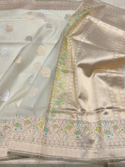 Ivory Handwoven Pure Banarasi Organza Silk Saree – Kadwa Weave in Kora Mulberry Silk