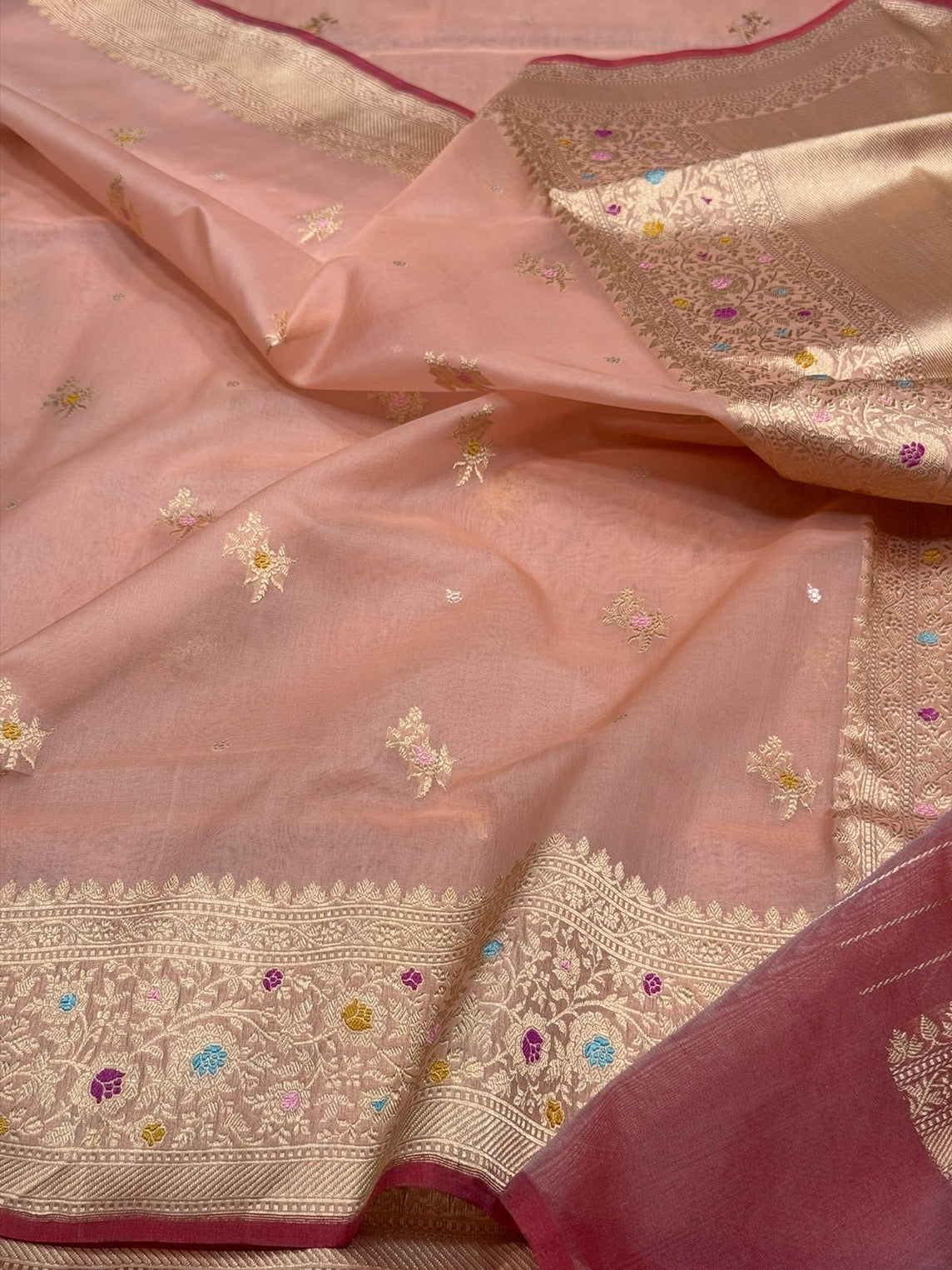 Peach Handwoven Pure Organza Silk Saree