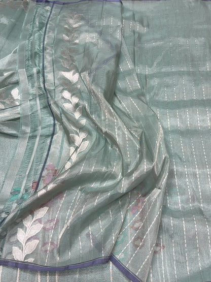 Soft Sea Green Handwoven Pure Banarasi Tissue Saree in Kadwa Weave | Pure Katan Tissue Silk