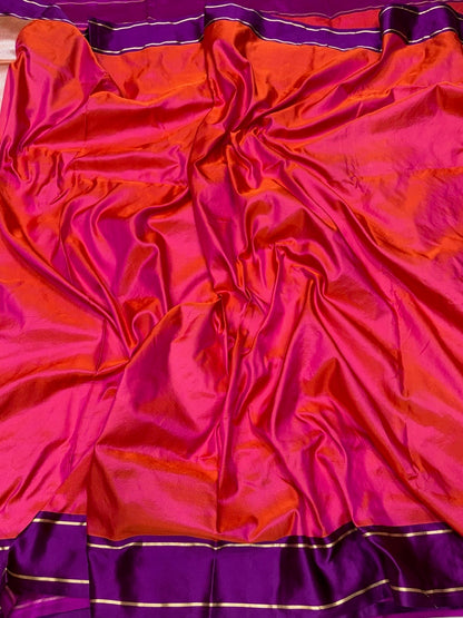 Orangish Pink Handwoven Pure Banarasi Satin Tanchoi Silk Saree