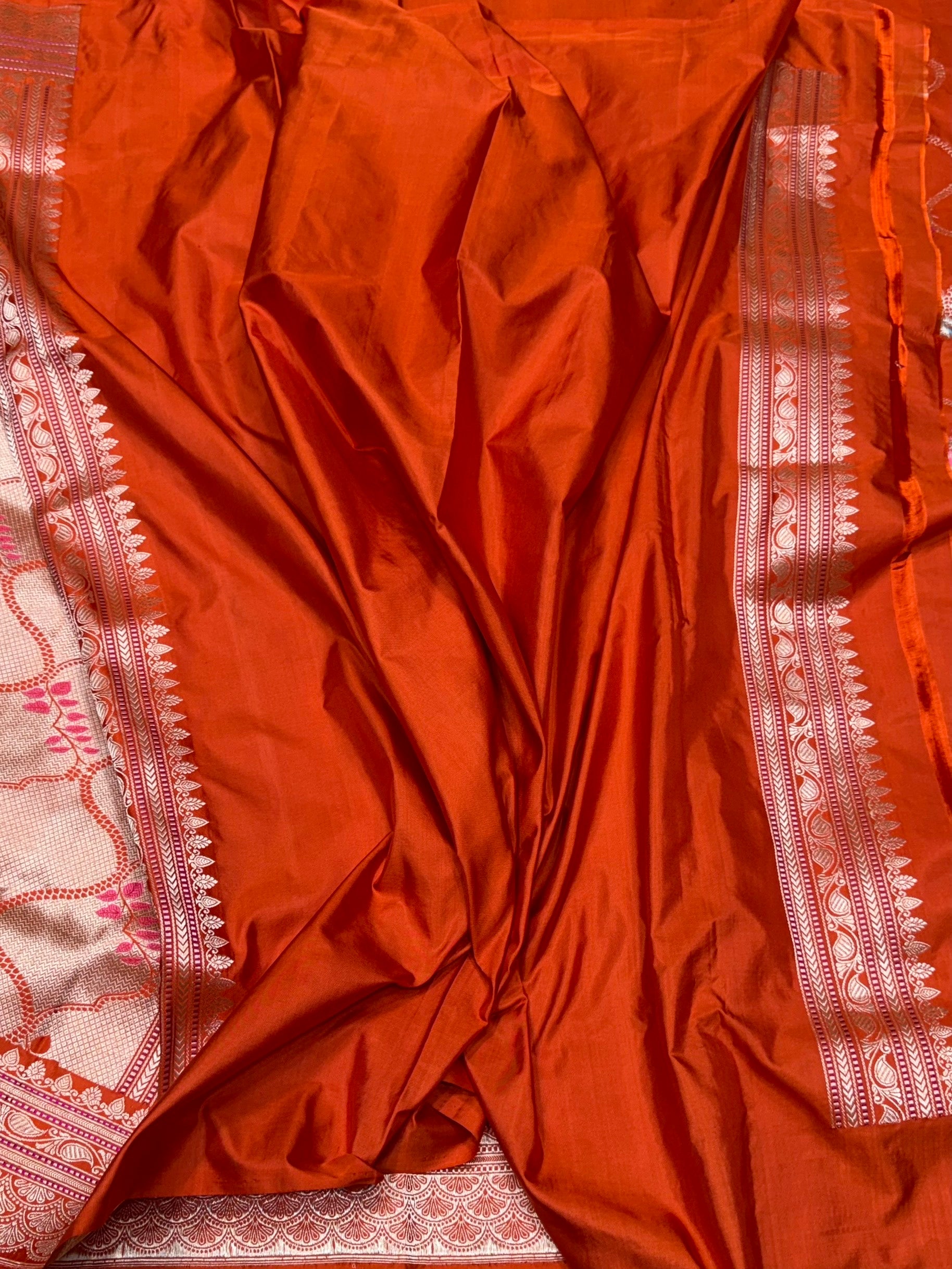 Orange Handwoven Pure Banarasi Silk Saree – Kadwa Katan Mulberry Silk | Authentic Banaras Handloom