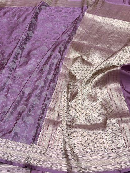 Lavender Handwoven Pure Banarasi Satin Tanchoi Silk Saree – 100% Pure Satin Silk, Intricate Kadwa Weave