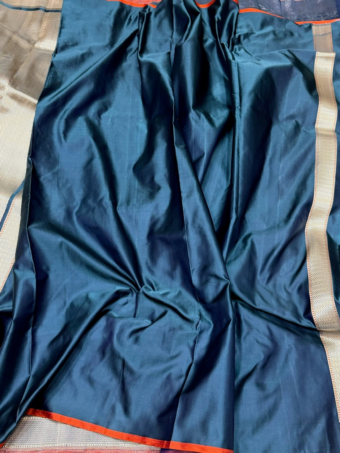 German Blue Handwoven Pure Banarasi Satin Tanchoi Silk Saree – Luxurious Satin Silk with Kadwa Weave