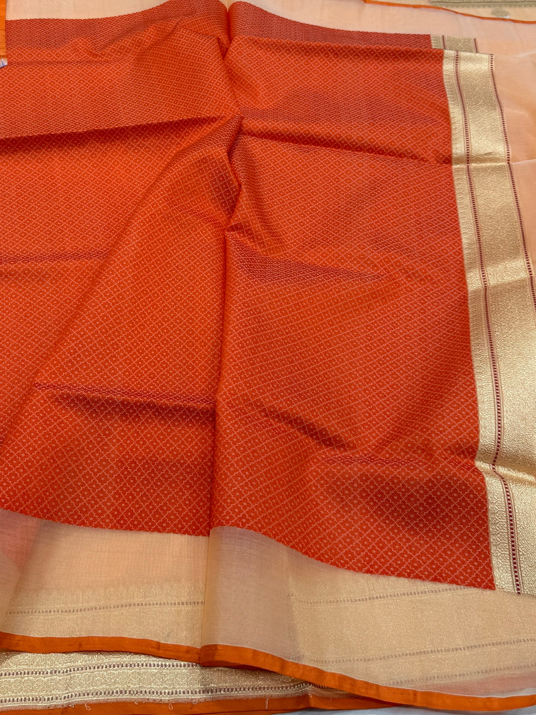 Peach Orange Handwoven Pure Organza Silk Saree