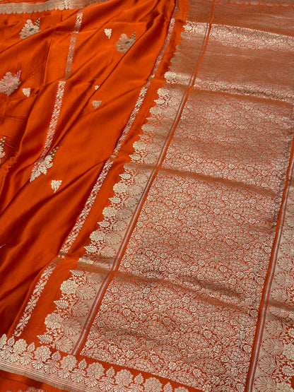 Orange Handwoven Pure Mashru Banarasi Satin Silk Saree